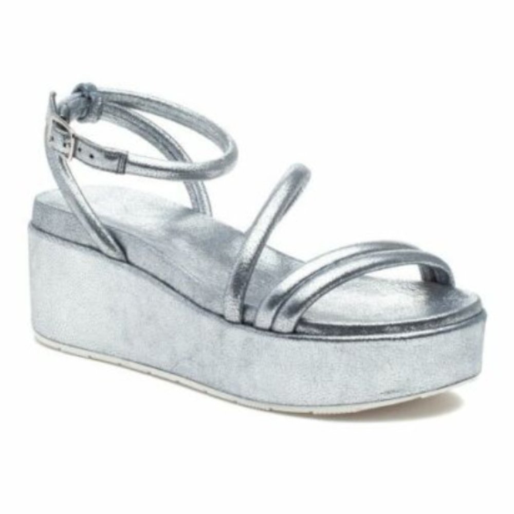 J Slide Women's Slate Silver Metallic Quilt Leather Platform Wedge Sandals